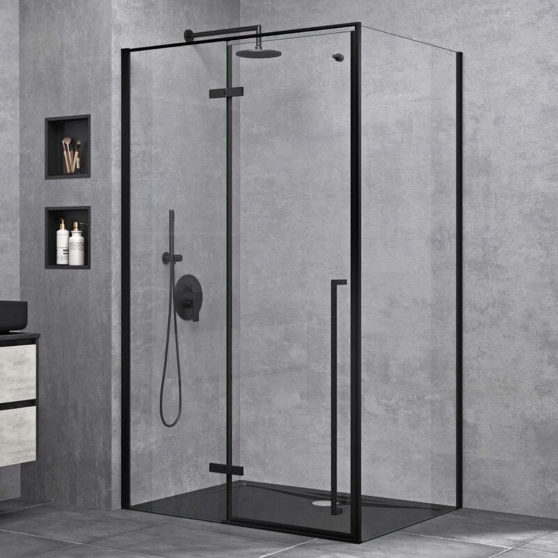 Sogood - Cabine de Douche Transparent Noir avec Porte Pivotante Paroi de Douche Verre de Sécurité Nano Ravenna64 90x100x195cm - Transparent