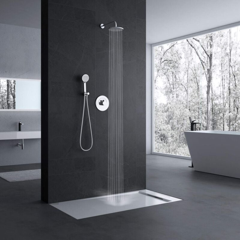 Doporro - Colonne de douche encastré chromé avec mitigeur douchette et pomme haute ronde 20cm