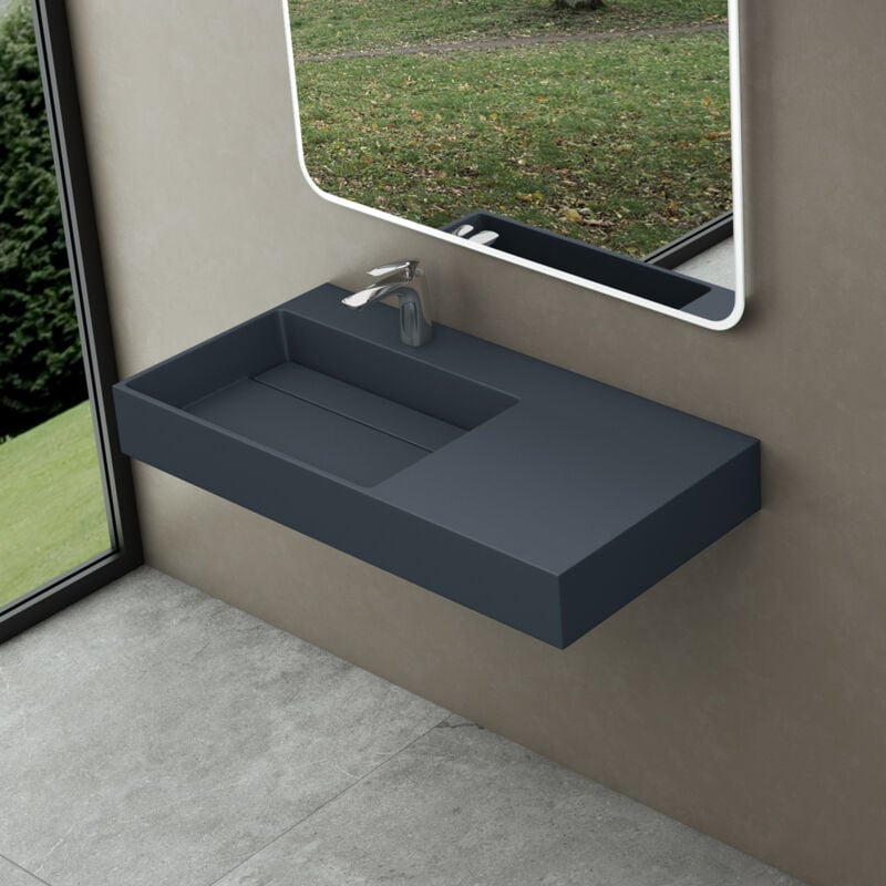 Lavabo Suspendu Gris Noir Mat 100cm Vasque à Poser avec Bonde Lave Mains Rectangulaire de Qualité pour Salle de Bain 100x48x13cm Colossum12-L