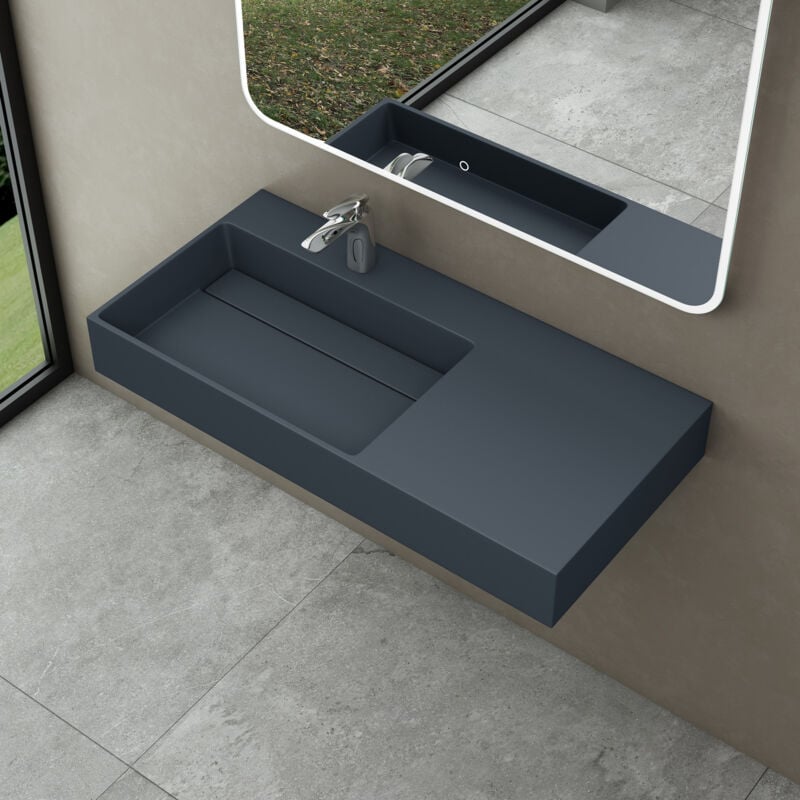 Lavabo Suspendu Gris Noir Mat 90cm Vasque à Poser avec Bonde Lave Mains Rectangulaire de Qualité pour Salle de Bain 90x48x13cm Colossum12-L - Doporro