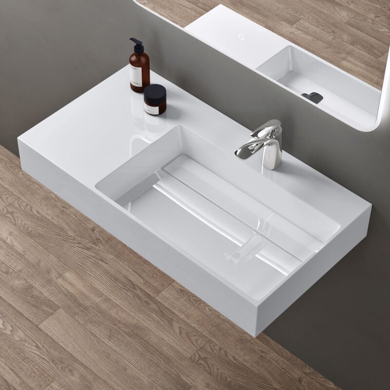 Doporro - Lavabo Suspendu Blanc 90cm Vasque à Poser avec Bonde Lave Mains Rectangulaire de Qualité pour Salle de Bain 90x48x13cm Colossum12-R