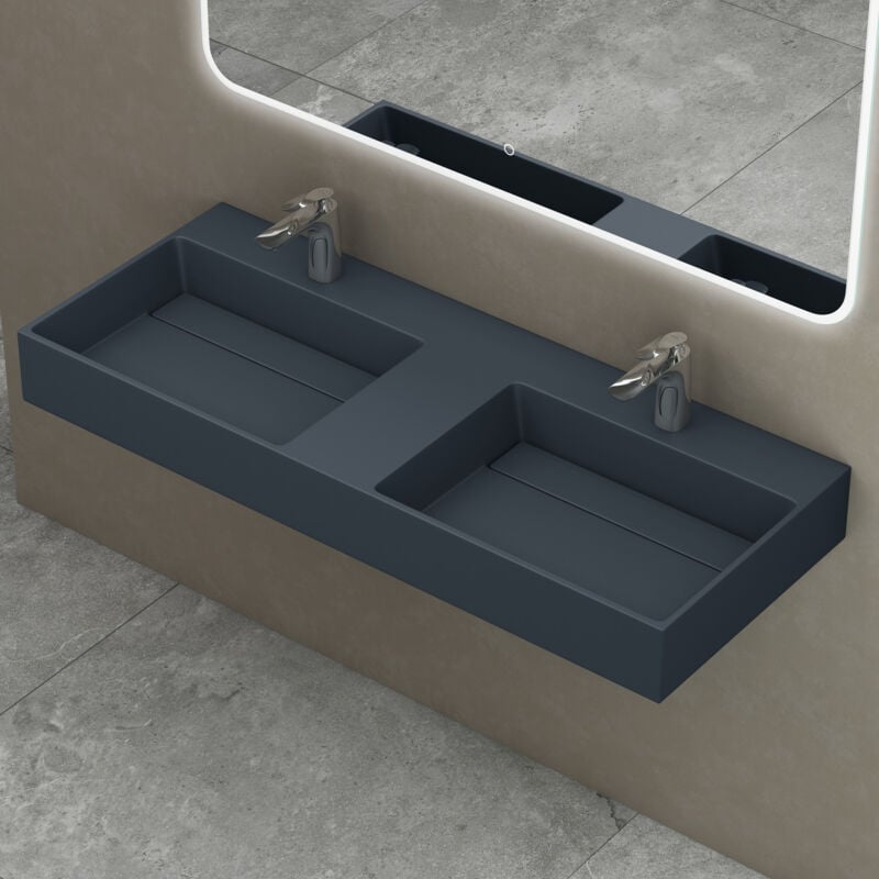 Doporro - Double Lavabo Suspendu Gris Noir Mat 120cm Double Vasque à Poser avec Bonde Lave Mains Rectangulaire de Qualité pour Salle de Bain