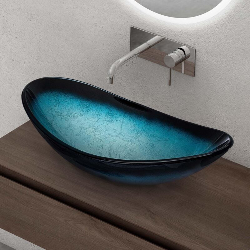 Doporro - Lavabo à Poser Vasque en Verre Bleu Lave Mains Ovale de Salle de Bains Petit Lave-Mains pour wc 53,5x35,5x16 cm Minerva08
