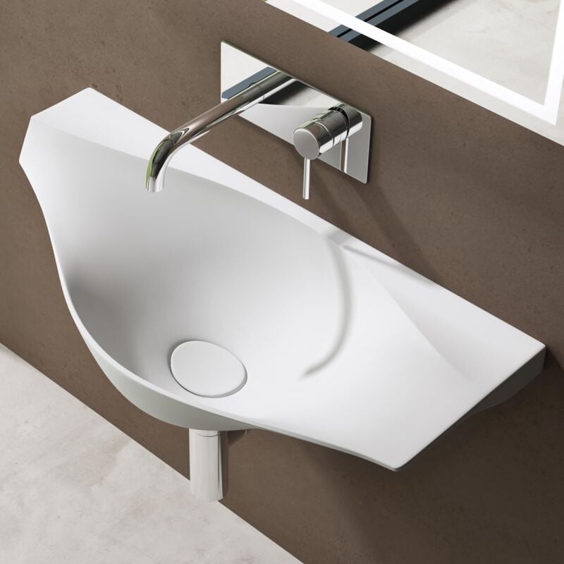 Lavabo à Suspendre Vasque Murale Solid Surface Blanc Mat pour Toilettes Invités 80x37x22cm Colossum816 - Doporro