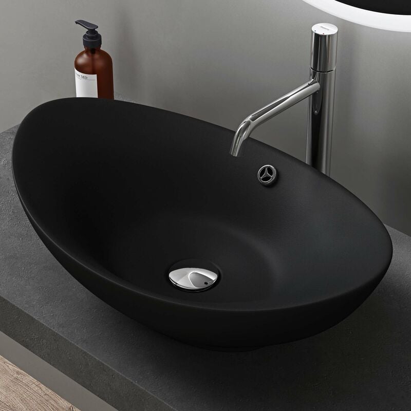 Doporro - Lavabo à Poser Noir Mat Vasque en Céramique Lave Mains Ovale de Qualité pour Salle de Bain 59x38,3x19,2cm Bruxelles818