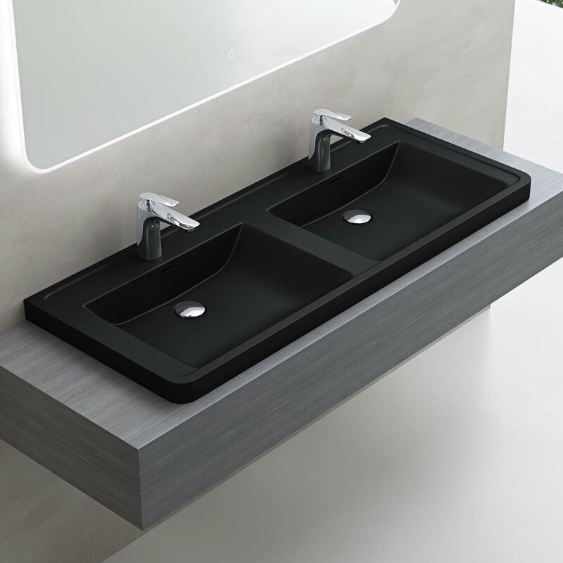 Double Lavabo à Encastrer Noir Mat Vasque en Solid Surface Lave Mains Rectangulaire de Qualité pour Salle de Bain 120x48x14,5cm Colossum08 - Doporro