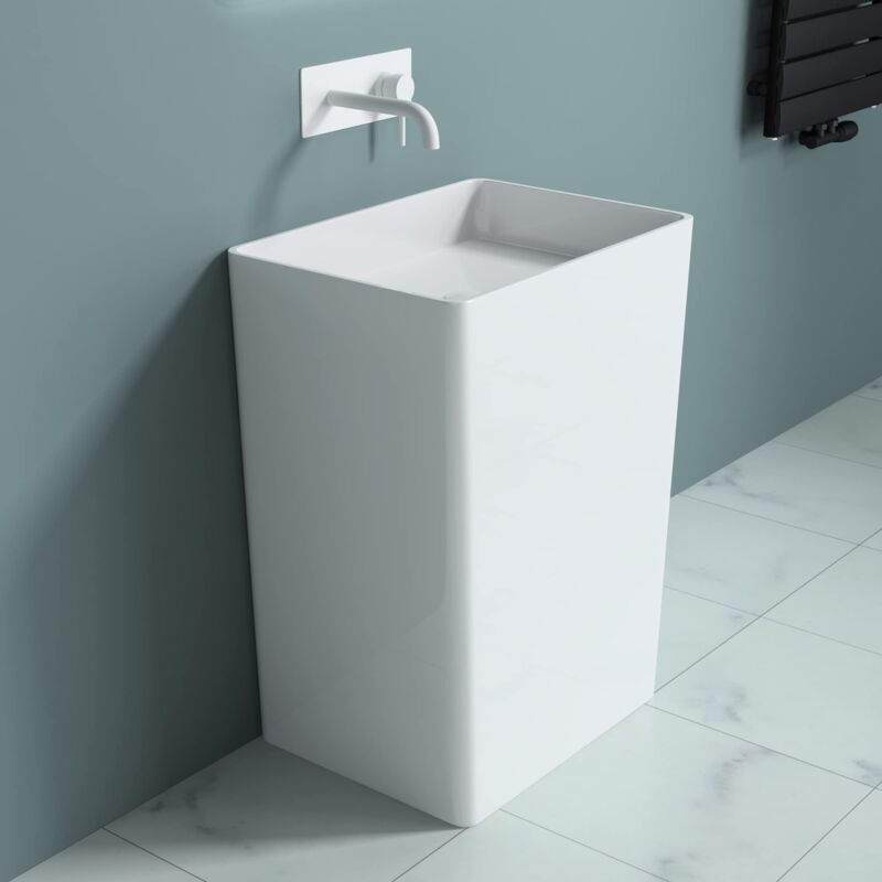 Lavabo Colonne sur Pied Blanc Vasque en Fonte Minérale Solid Surface Lave Mains Rectangulaire pour Salle de Bain 60x42x80cm Colossum36 - Doporro