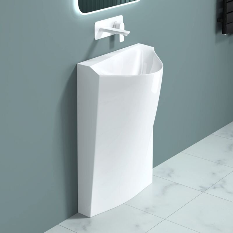 doporro Lavabo Colonne sur Pied Blanc Vasque en Fonte Minérale Solid Surface Lave Mains Triangulaire pour Salle de Bain avec Bonde 55x34x85cm