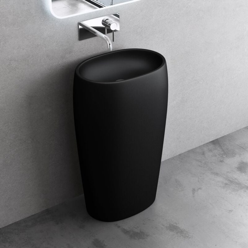 Lavabo Colonne sur Pied Ovale Noir Vasque Fonte Minérale Solid Surface Lave Mains pour Salle de Bain 53,5x36x85cm Colossum32 - Doporro