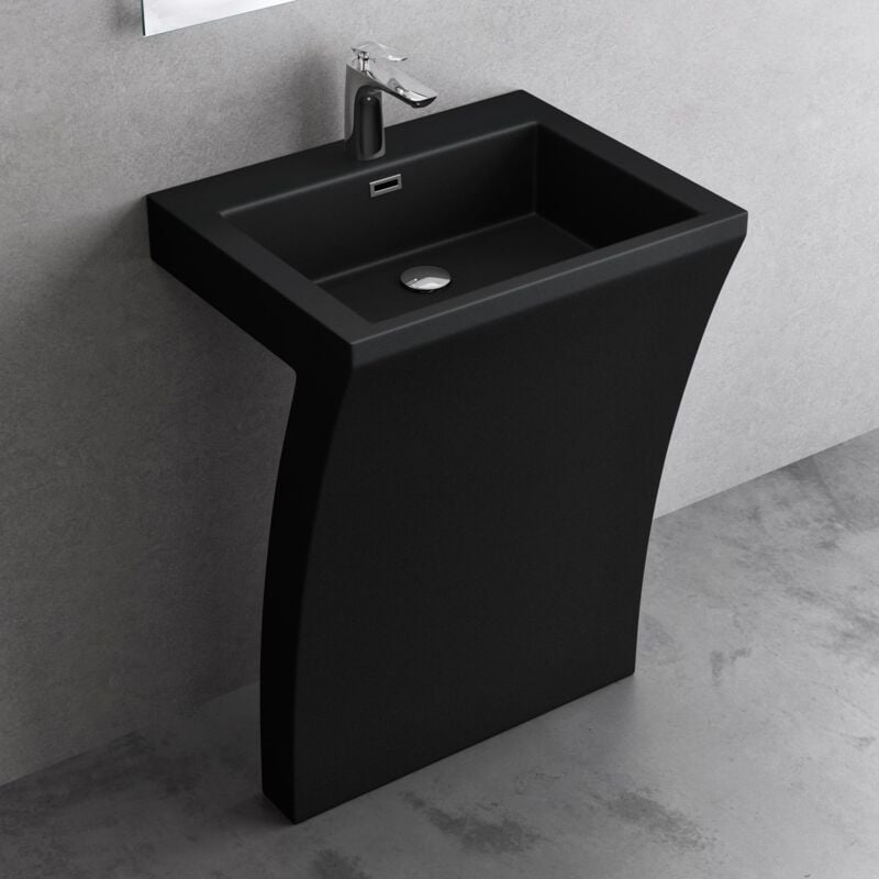 doporro Lavabo Colonne sur Pied Noir Mat Vasque en Fonte Minérale Solid Surface Lave Mains Rectangulaire pour Salle de Bain 60x48x83cm Colossum07