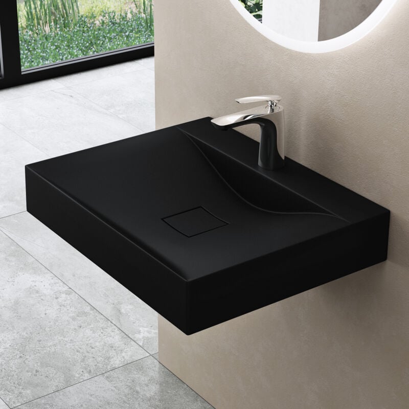 Vasque à Poser 60 cm Lavabo Suspendu Noir Mat avec Bonde Colossum810 Fonte Minérale Solid Surface 60x48x10cm - Doporro