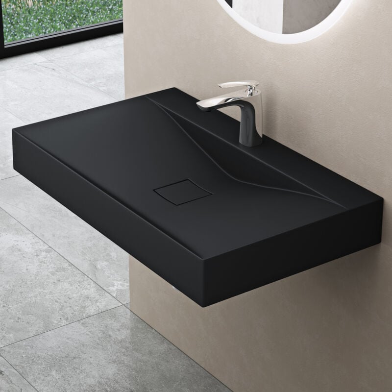 Vasque à Poser 80 cm Lavabo Suspendu Noir Mat avec Bonde Colossum810 Fonte Minérale Solid Surface 80x48x10cm - Doporro