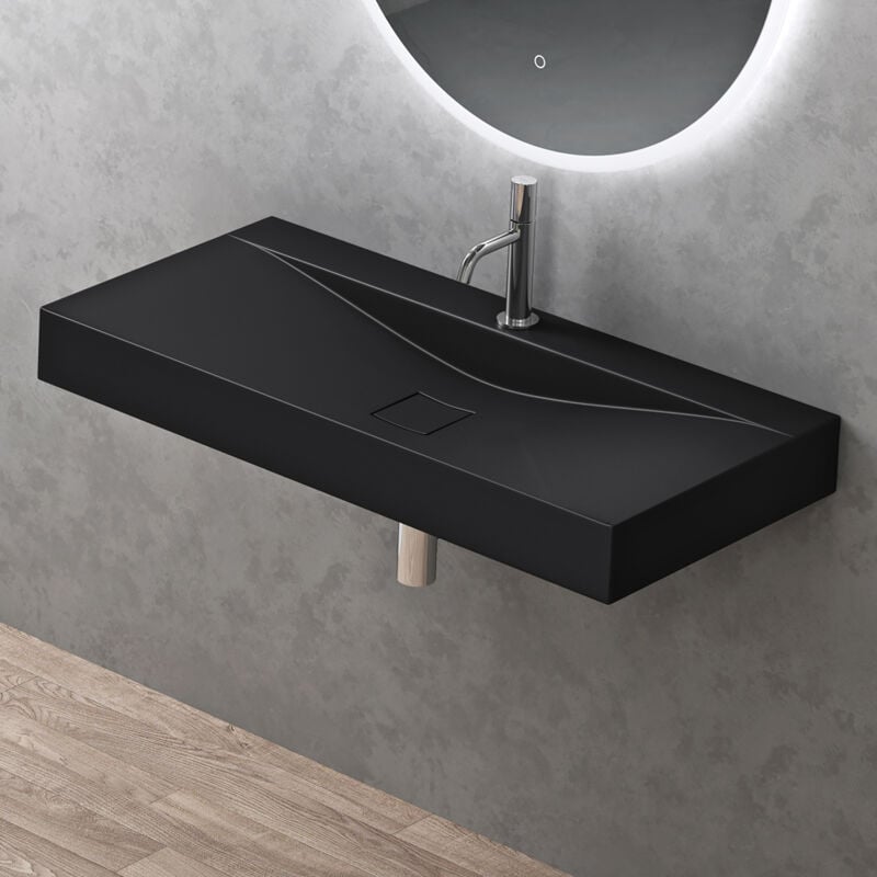 Doporro - Vasque à Poser 100 cm Lavabo Suspendu Noir Mat avec Bonde Colossum810 Fonte Minérale Solid Surface 100x48x10cm