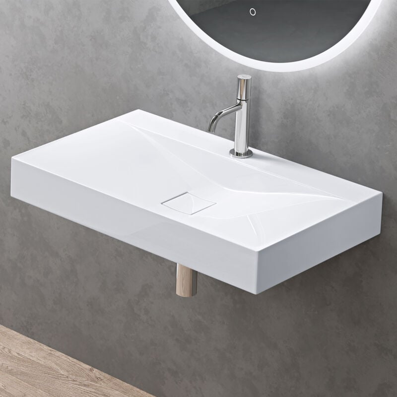Doporro - Vasque à Poser 80 cm Lavabo Suspendu Blanc avec Bonde Colossum810 Fonte Minérale Solid Surface 80x48x10cm
