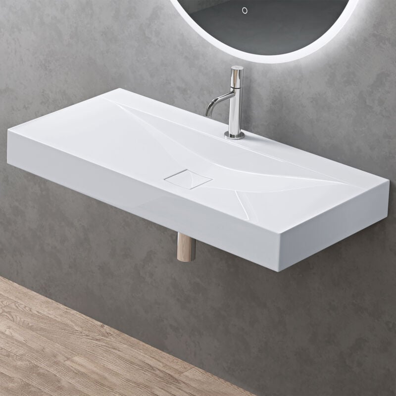 Vasque à Poser 100 cm Lavabo Suspendu Blanc avec Bonde Colossum810 Fonte Minérale Solid Surface 100x48x10cm - Doporro