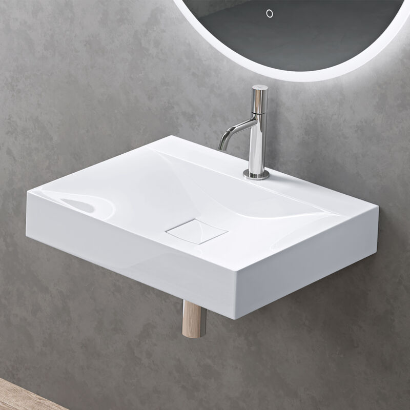 doporro Vasque à Poser 60 cm Lavabo Suspendu Blanc avec Bonde Colossum810 Fonte Minérale Solid Surface 60x48x10cm