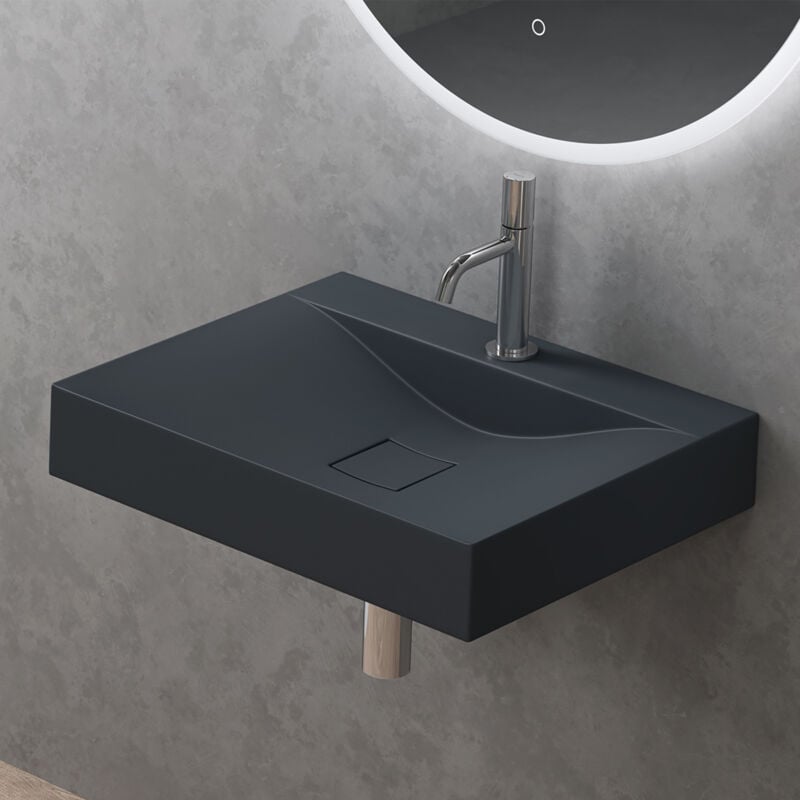 Vasque à Poser 60 cm Lavabo Suspendu Gris Noir Mat avec Bonde Colossum810 Fonte Minérale Solid Surface 60x48x10cm - Doporro