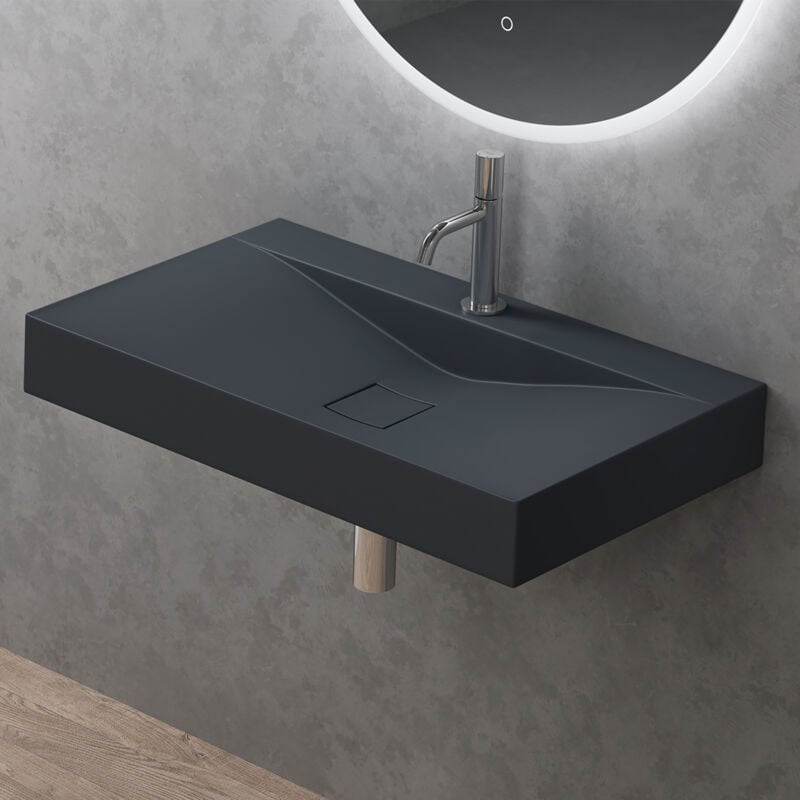 Doporro - Vasque à Poser 80 cm Lavabo Suspendu Gris Noir Mat avec Bonde Colossum810 Fonte Minérale Solid Surface 80x48x10cm