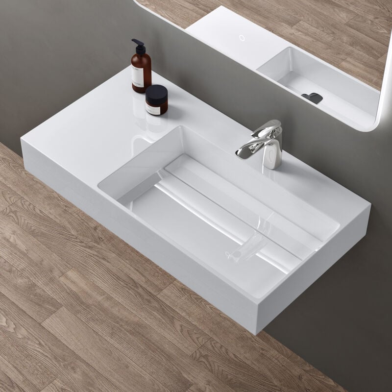 Doporro - Lavabo Suspendu Blanc 100cm Vasque à Poser avec Bonde Lave Mains Rectangulaire de Qualité pour Salle de Bain 100x48x13cm Colossum12-R