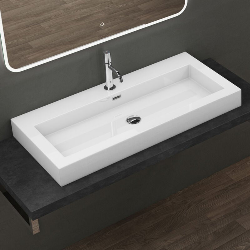 Lavabo Suspendu Vasque à Poser Blanc 100cm Lave Mains Rectangulaire Colossum18 100x48x10cm - Doporro