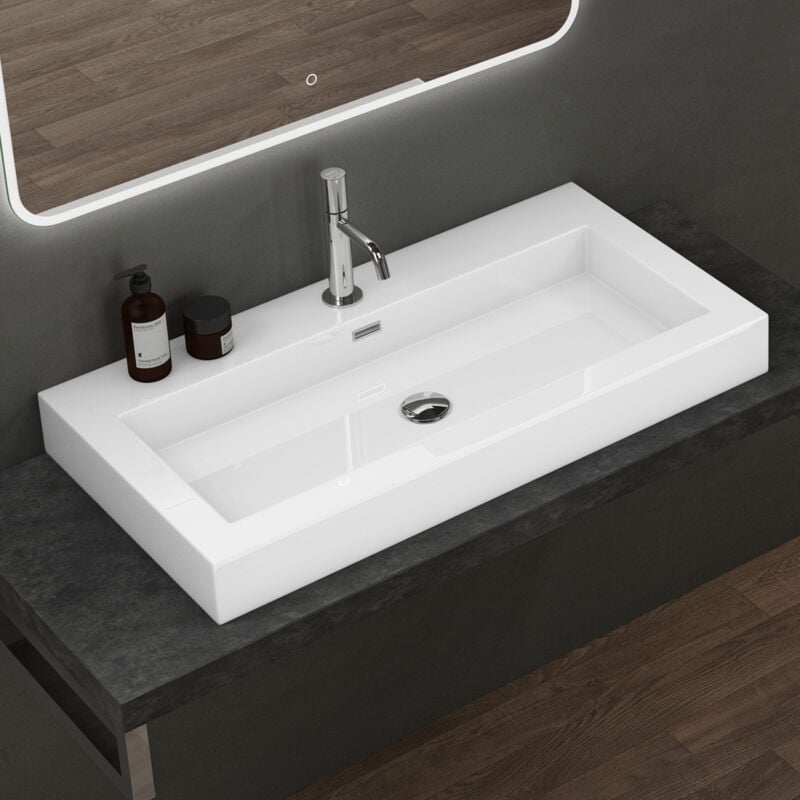 Lavabo Suspendu Vasque à Poser Blanc 90cm Lave Mains Rectangulaire Colossum18 90x48x10cm - Doporro