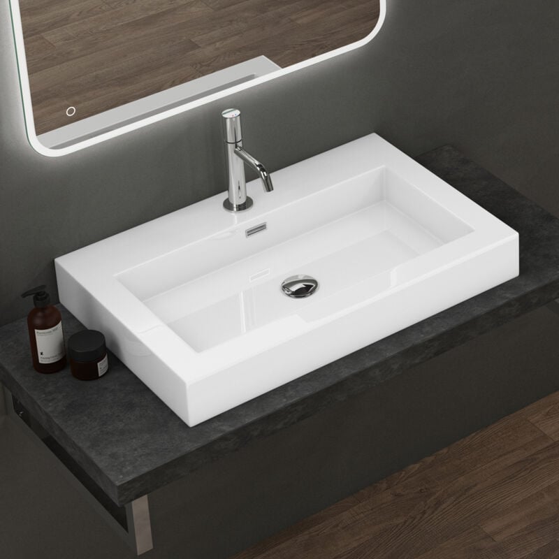 Lavabo Suspendu Vasque à Poser Blanc 73cm Lave Mains Rectangulaire Colossum18 73x48x10cm - Doporro