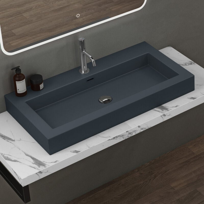 Lavabo Suspendu Vasque à Poser Gris Noir Mat 90cm Lave Mains Rectangulaire Colossum18 90x48x10cm - Doporro