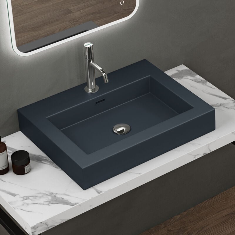 Lavabo Suspendu Vasque à Poser Gris Noir Mat 60cm Lave Mains Rectangulaire Colossum18 60x48x10cm - Doporro