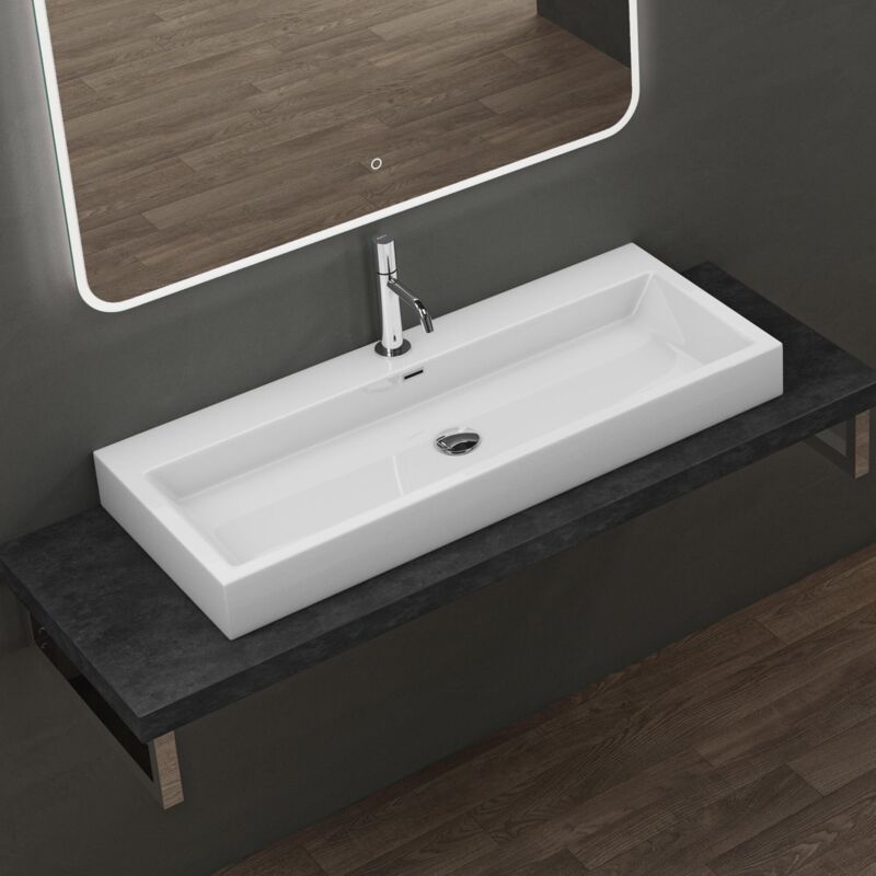 Vasque à Poser 100cm Lavabo Suspendu Blanc Colossum06 Fonte Minérale Solid Surface 100x42x10cm - Doporro