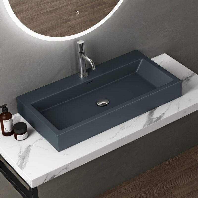 doporro Vasque à Poser 76,5cm Lavabo Suspendu Gris Noir Mat Colossum06 Fonte Minérale Solid Surface 76,5x42x10cm