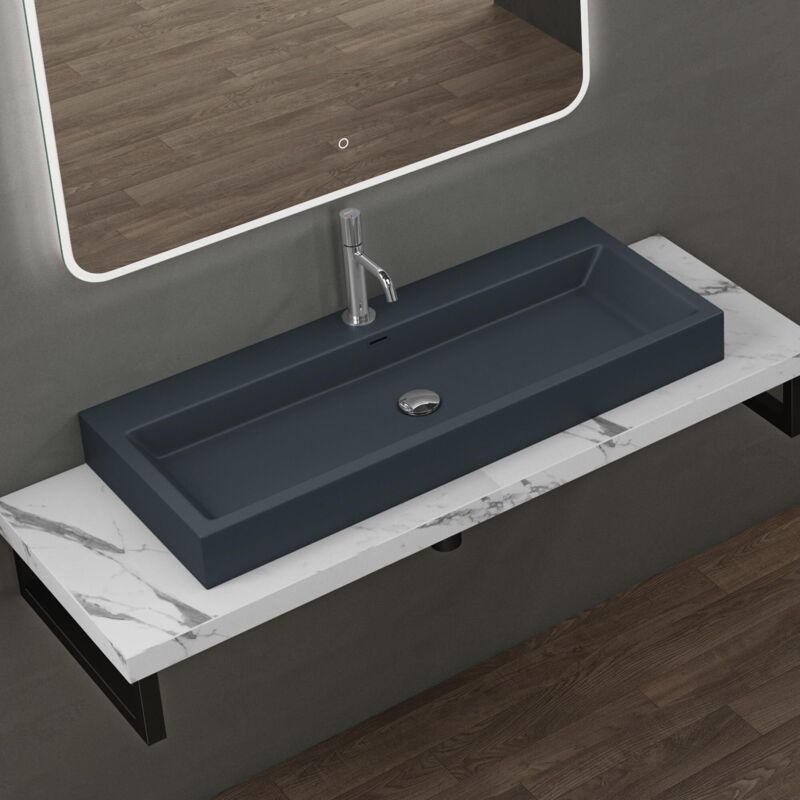 doporro Vasque à Poser 100cm Lavabo Suspendu Gris Noir Mat Colossum06 Fonte Minérale Solid Surface 100x42x10cm