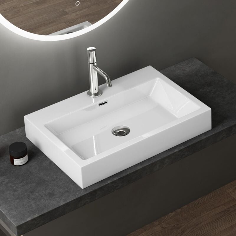Vasque à Poser 60cm Lavabo Suspendu Blanc Colossum06 Fonte Minérale Solid Surface 60x42x10cm - Doporro