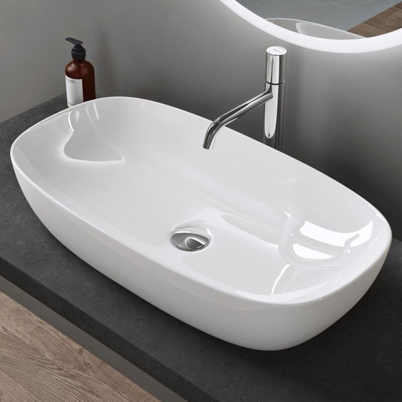 Doporro - Lavabo Vasque à Poser Blanc 70x37x13,5 cm Lave Mains Ovale en Céramique Revêtement nano Easy Clean Brüssel104