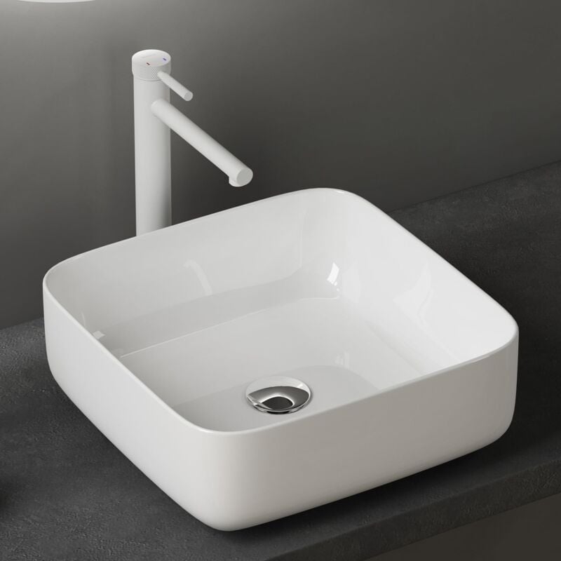 Doporro - Lavabo Vasque à Poser Blanc 38,5x38,5x14 cm Lave Mains Carré en Céramique Revêtement nano Easy Clean Brüssel106