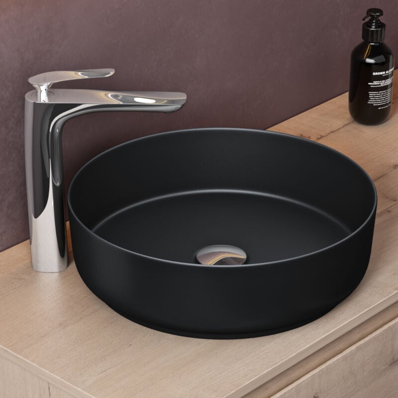 Sogood Lavabo Vasque à Poser Noir Mat 40x40x13 cm Lave Mains Rond en Céramique Revêtement nano Easy Clean Bruxelles203