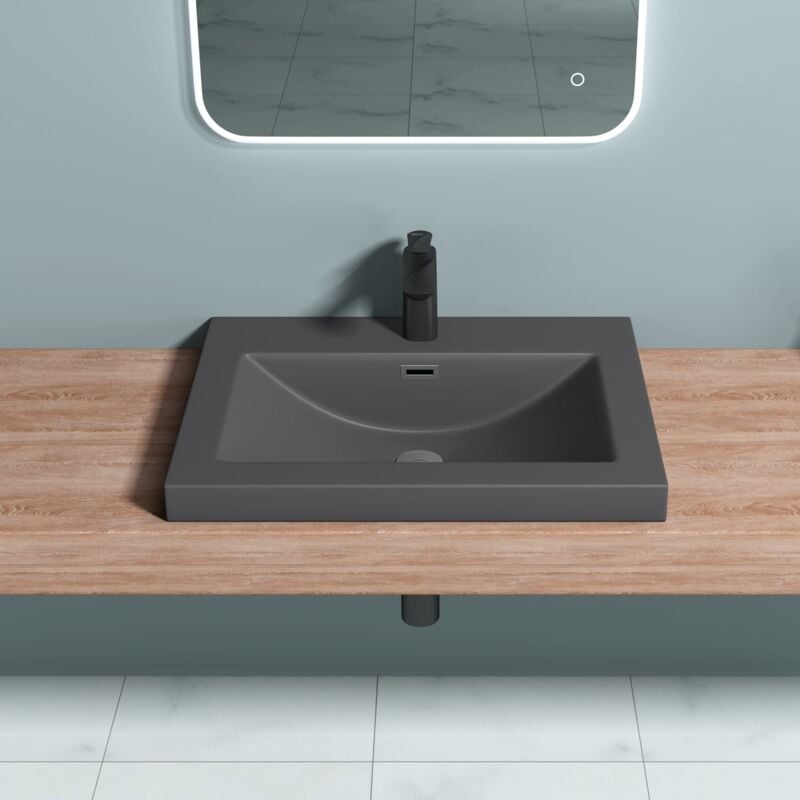Doporro Lavabo Vasque Gris Noir Mat 60cm à Encastrer Colossum01 Fonte Minérale Solid Surface 60x48x13cm