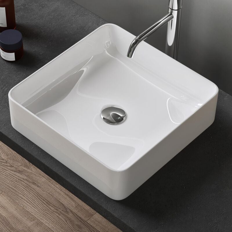 Lavabo Vasque à Poser Blanc 40,5x40,5x11 cm Lave Mains Carré en Céramique Revêtement nano Easy Clean Brüssel105 - Doporro