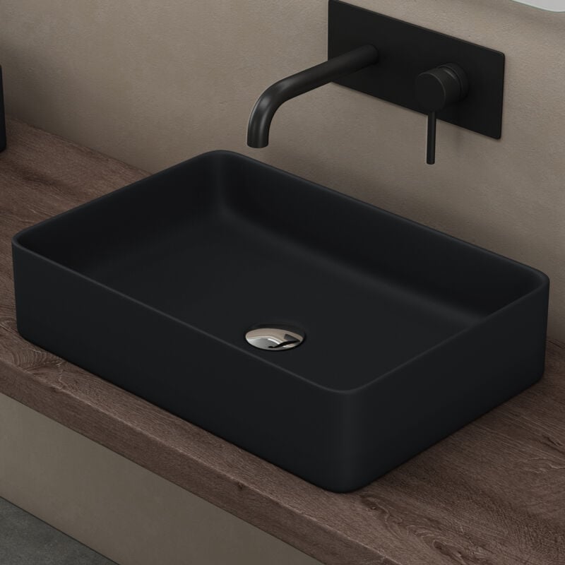 Lavabo Vasque à Poser Noir Mat 59x38x11 cm Lave Mains Rectangulaire en Céramique Revêtement nano Easy Clean Brüssel105D - Doporro