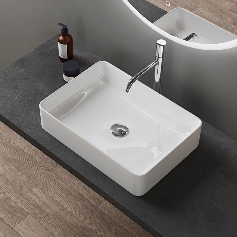 Lavabo Vasque à Poser Blanc 50x35x11 cm Lave Mains Rectangulaire en Céramique Revêtement nano Easy Clean Brüssel105 - Doporro