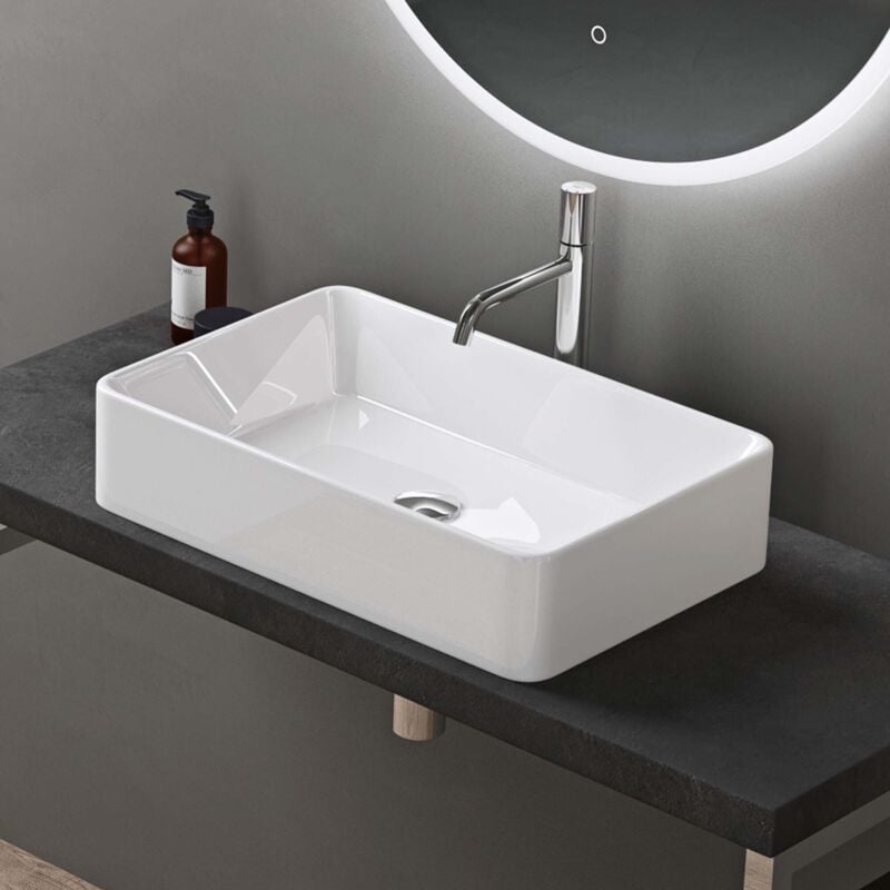 Lavabo Vasque à Poser Blanc 59x38x11 cm Lave Mains Rectangulaire en Céramique Revêtement nano Easy Clean Brüssel105D - Doporro