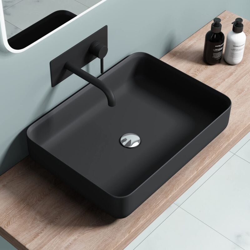 Lavabo Vasque à Poser Gris Noir Mat 55cm Lave Mains en Fonte Minérale Rectangulaire Arrondi 55x40x13cm Colossum812 - Doporro