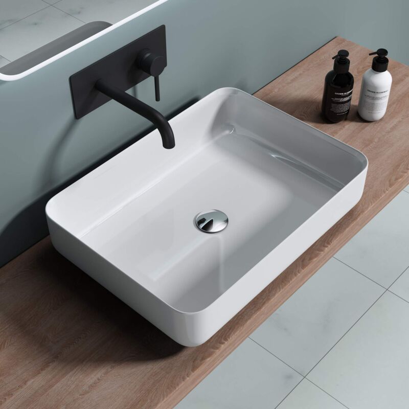 Doporro - Lavabo Vasque à Poser Blanc 55cm Lave Mains en Fonte Minérale Rectangulaire Arrondi 55x40x13cm Colossum812