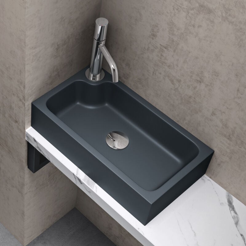 Lavabo Vasque à Poser Lave Mains en Solid Surface Colossum 101 Rectangulaire Gris Noir Mat pour Toilettes invitées 46x26x11 cm - Doporro
