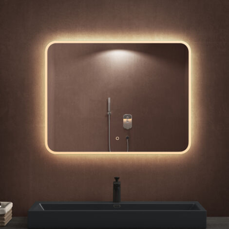Sogood – Miroir lumineux de salle de bain 90x70 cm – Éclairage LED blanc chaud/froid – Interrupteur tactile – Revêtement antibuée