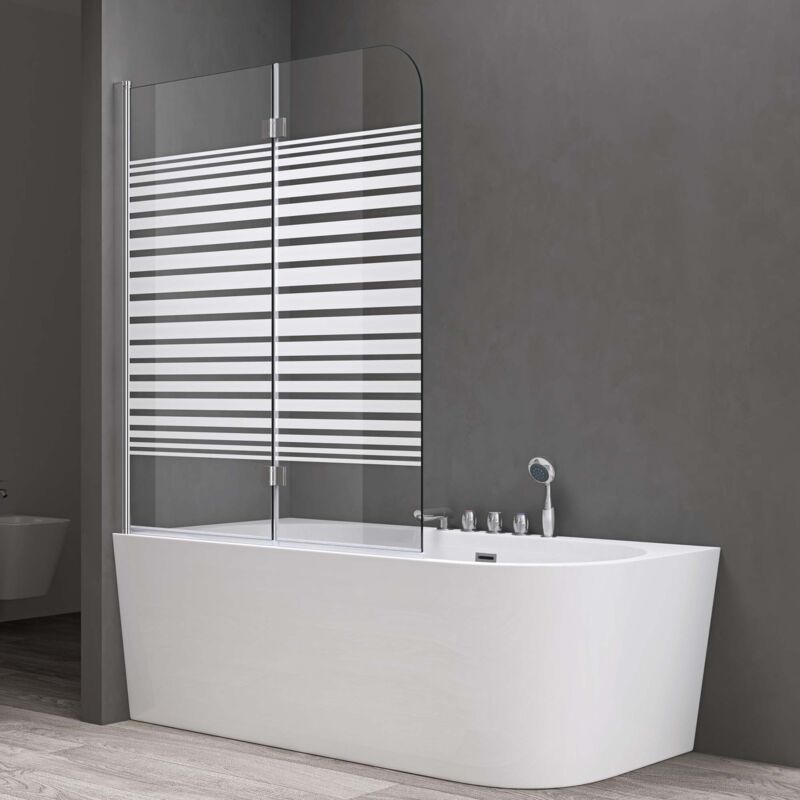 Sogood - doporro Paroi de Baignoire 120x140cm Pare Baignoire 2 Volets Montage Réversible Verre Trempé Transparent avec Bandes Opaques 6mm Cortona1408