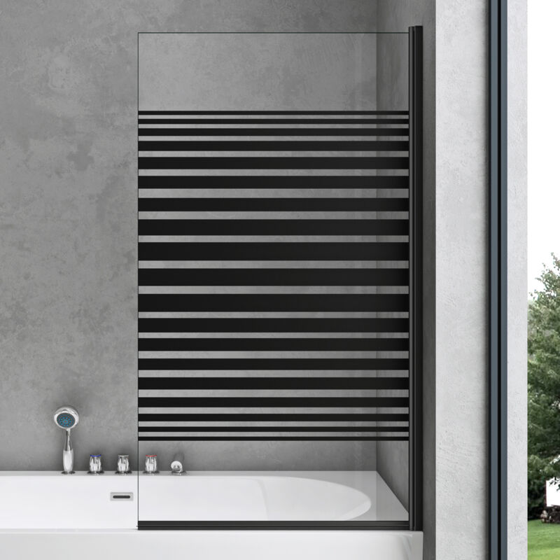 Doporro Paroi de Baignoire 80x140 cm Pare Baignoire 1 Volet Verre Trempé Transparent avec Bandes Opaques Profilés Noir Montage Réversible Cortona201MS