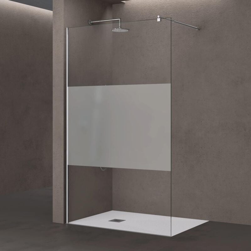 Paroi de douche à l'italienne 90cm transparent avec bande opaque pare-douche Bremen1MS 90x200 verre de sécurité stabilisateur rond - Doporro