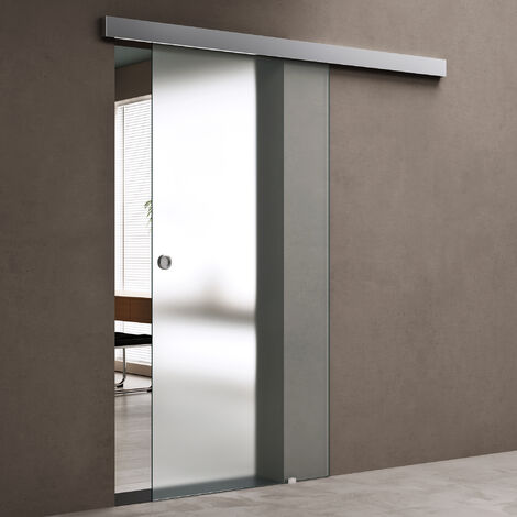 Sogood® Porte Coulissante en Verre pour L'intérieur Verre de Sécurité Opaque Porte Glissante Distance au Mur de 15mm avec Amortisseur Poignée Barre/Ronde Amalfi TS12/14