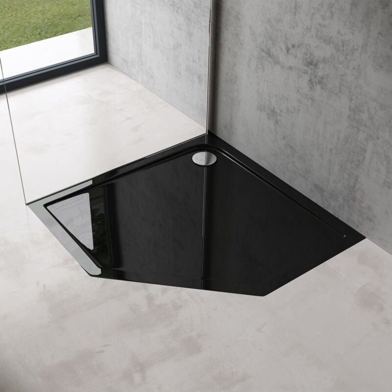 Receveur de Douche Pentagonale Bac à Douche Extraplat Acrylique Noir Faro05 90x90x4cm + Bonde AL02 - Doporro