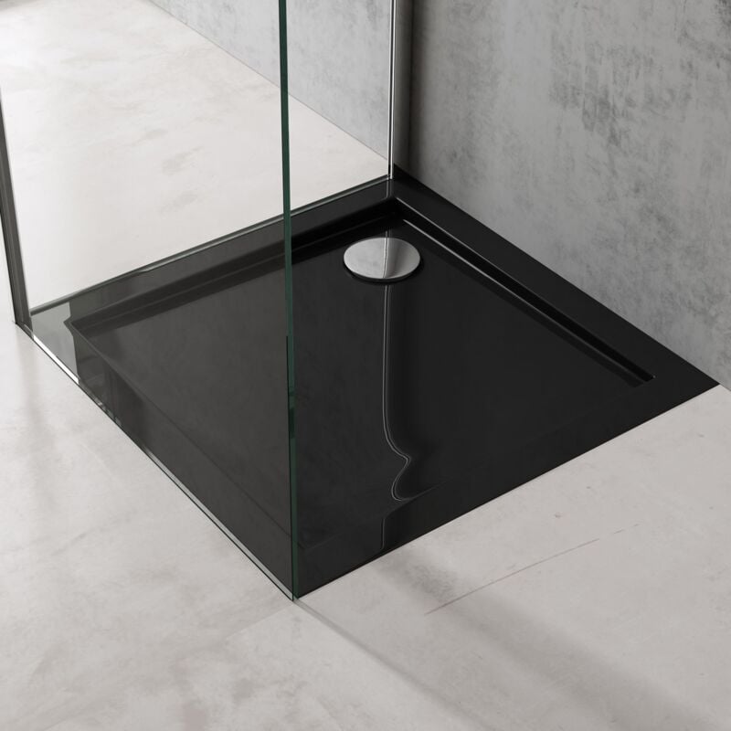 Receveur de Douche Antiglisse Bac à Douche Carré Extraplat Acrylique Noir Faro01 80x80x4cm + Bonde AL02 - Doporro